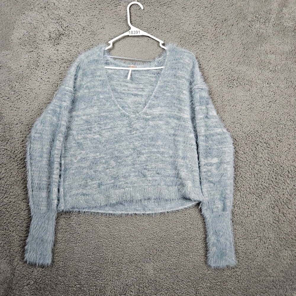 Free People Fuzzy Knit V Neck Cropped Sweater Blue Polyamide Womens Size S